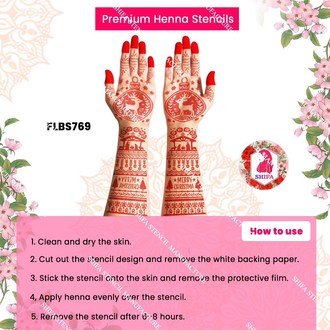 FLBS 769 Christmas Celebration Pattern Double Hand Henna Stencil